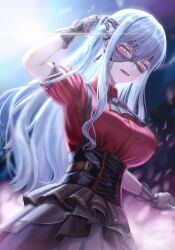 1girl absurdres ascot bang_dream! bang_dream!_it&#039;s_mygo!!!!! black_ascot black_corset black_mask black_ribbon black_skirt blue_brooch blue_hair breasts collared_shirt commentary_request corset dress_shirt earrings hair_ribbon hand_in_own_hair highres jewelry kafkasea large_breasts long_hair looking_at_viewer mask masquerade_mask oblivionis_(bang_dream!) open_mouth red_shirt ribbon shirt short_sleeves sidelocks skirt solo togawa_sakiko yellow_eyes