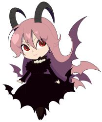 Rule 34 | 1girl, bead necklace, beads, black dress, chibi, chibi only, closed mouth, demon girl, demon horns, dress, eye visible through hair, funamusea, gallaxi, hair between eyes, hair wings, high heels, highres, horns, jewelry, lil (funamusea), long hair, looking to the side, necklace, pink hair, pink lips, red eyes, smile, solo