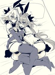 2boys androgynous animal_ears astolfo_(fate) bikini black_bikini black_bow black_bowtie blush bow bow_bikini bow_legwear bowtie elbow_gloves fake_animal_ears fake_tail fate/apocrypha fate_(series) full_body gloves hair_intakes haoro hug long_hair male_focus monochrome multicolored_hair multiple_boys navel on_bed open_mouth rabbit_ears rabbit_tail ribs short_hair sieg_(fate) signature streaked_hair swimsuit tail thighhighs yaoi