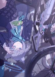1girl absurdres bicycle blue_archive blue_eyes blue_scarf commentary_request from_above gloves green_gloves grey_hair halo highres looking_at_viewer lying on_floor oyaji_hime parted_lips plaid_clothes plaid_skirt pleated_skirt scarf school_uniform shadow shiroko_(blue_archive) shirt short_hair single_glove skirt solo upside-down white_shirt