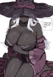 1girl absurdres areola_slip bare_shoulders breasts cleavage dark-skinned_female dark_skin elden_ring elden_ring_nightreign english_text hat hat_over_eyes highres large_breasts large_hat long_hair purple_hat purple_sleeves recluse_(elden_ring) simple_background solo thighs white_hair witch witch_hat woo_(woosan)