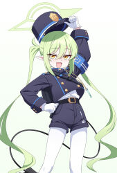 Rule 34 | 1girl, adjusting clothes, adjusting headwear, armband, black hat, black jacket, black shorts, blue archive, blue armband, commentary, demon tail, fang, gloves, green hair, green halo, hair between eyes, halo, hat, highres, jacket, long hair, long sleeves, looking at viewer, nozomi (blue archive), open mouth, pantyhose, peaked cap, pointy ears, shirt, short shorts, shorts, skin fang, solo, tail, twintails, very long hair, welchsbinn, white gloves, white pantyhose, white shirt, yellow eyes