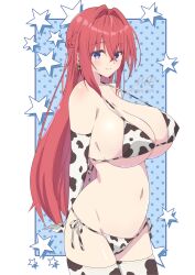 Rule 34 | 1girl, animal print, arms behind back, bikini, blue eyes, breasts, cow print, cow print bikini, cowboy shot, elbow gloves, gloves, hair between eyes, hair intakes, highres, large breasts, long hair, noe (noe emk), original, print bikini, red hair, solo, star (symbol), swimsuit, thighhighs, white bikini, white gloves, white thighhighs