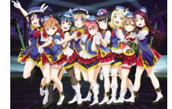 6+girls :d ahoge aqua_eyes artbook black_hair blonde_hair blue_eyes blue_hair boots bow braid brown_hair gloves grey_hair hair_ornament happy_party_train hat highres knee_boots kunikida_hanamaru kurosawa_dia kurosawa_ruby leg_up long_hair looking_at_viewer love_live! love_live!_sunshine!! matsuura_kanan miniskirt mole mole_under_mouth multiple_girls night night_sky non-web_source official_alternate_costume official_art ohara_mari one_eye_closed open_mouth orange_hair outdoors pantyhose pleated_skirt ponytail purple_eyes purple_hair red_bow red_eyes red_hair red_skirt sakurauchi_riko short_hair short_sleeves shorts skirt sky smile standing star_(sky) starry_sky takami_chika thigh_strap tsushima_yoshiko watanabe_you white_gloves yellow_eyes