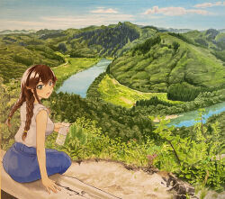 1girl :d absurdres blue_skirt bottle braid breasts brown_hair commentary_request denim denim_skirt from_behind gojoe1310 green_eyes highres holding holding_bottle kantai_collection landscape large_breasts long_hair looking_at_viewer noshiro_(kancolle) open_mouth outdoors river shirt shirt_tucked_in sitting skirt sky sleeveless sleeveless_shirt smile solo traditional_media twin_braids vegetation water_bottle white_shirt