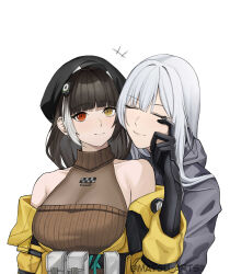 2girls absurdres ak-12_(faint_light_of_furthest_day)_(girls&#039;_frontline) ak-12_(girls&#039;_frontline) bare_shoulders belt beret black_gloves blush breasts brown_hair brown_sweater_vest cleavage closed_eyes closed_mouth clothes_pull collarbone commentary commission elbow_gloves english_commentary finger_to_another&#039;s_cheek girls&#039;_frontline girls&#039;_frontline_2:_exilium gloves grey_hair grey_jacket hat heterochromia highres jacket jacket_pull lips long_hair long_sleeves looking_at_viewer matsu_arts medium_breasts multicolored_hair multiple_girls official_alternate_costume red_eyes ro635_(girls&#039;_frontline) robella_(girls&#039;_frontline_2) sidelocks smile streaked_hair sweater_vest twitter_username upper_body white_background yellow_eyes yellow_jacket