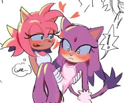 ! 2girls amy_rose animal_ears blaze_the_cat blush carrying carrying_person cat_ears cat_girl cat_tail dress fishsoof forehead_jewel furry furry_female gloves green_eyes hair_down hedgehog_girl multiple_girls pink_fur ponytail purple_fur sleepwear sleeveless sleeveless_dress smile sonic_(series) speech_bubble spoken_exclamation_mark tail thought_bubble white_dress white_gloves yellow_eyes yuri