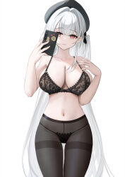 +_+ 1girl azur_lane bare_shoulders beret black_bra black_hat black_panties black_pantyhose bra breasts cellphone character_sticker cleavage collarbone commentary_request cross-shaped_pupils hair_intakes hand_up hat highres holding holding_phone lace lace-trimmed_bra lace-trimmed_panties lace_trim large_breasts light_blush long_hair looking_at_viewer manjuu_(azur_lane) nail_polish navel official_alternate_costume one_side_up panties panties_under_pantyhose pantyhose parted_lips phone pink_nails red_eyes scylla_(azur_lane) scylla_(femme_fatale_fresher)_(azur_lane) simple_background smartphone smile solo standing stomach string_panties symbol-shaped_pupils taking_picture touxing_no_diluka underwear very_long_hair white_background white_hair