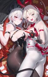 2girls :d absurdres alternate_costume animal_ear_hairband animal_ears arm_strap armpit_crease ass bare_shoulders black_choker black_gloves black_horns black_leotard black_pantyhose black_tail blush bow bowtie breasts card carlotta_(wuthering_waves) choker clothes_grab collar commentary curled_horns detached_collar earrings embarrassed fake_animal_ears fake_tail gloves hair_between_eyes hair_bow hairband highres horns jewelry key_earrings large_breasts leotard long_hair looking_at_viewer medium_breasts multiple_girls necktie necktie_grab neckwear_grab on_table one_eye_closed open_mouth pantyhose parted_lips pink_bow pink_bowtie playboy_bunny playing_card poker_chip poker_table rabbit_ear_hairband rabbit_ears rabbit_tail red_eyes red_necktie rkin smile strapless strapless_leotard striped_bow symbol-only_commentary table tail tail_around_another&#039;s_leg tail_wrap teeth thighs upper_teeth_only white_collar white_eyes white_hair white_leotard white_pantyhose white_wrist_cuffs wrist_cuffs wuthering_waves zani_(wuthering_waves)