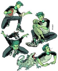 1boy beast_boy_(dc) bird black_eyes cat colored_skin dc_comics dog gabriel_picolo gabriel_picolo_(artist) green_hair green_skin lizard multiple_animals pointy_ears solo teen_titans white_background