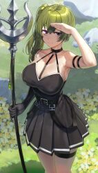 1girl absurdres arm_strap arm_up belt black_belt black_dress breasts closed_mouth cowboy_shot dress elbow_gloves flower gloves goback grass green_hair high_side_ponytail highres holding holding_polearm holding_weapon large_breasts looking_at_viewer polearm purple_eyes rock single_elbow_glove smile solo sousou_no_frieren suspenders thigh_strap ubel_(sousou_no_frieren) weapon