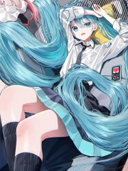 2girls arms_up black_necktie black_skirt black_socks blue_eyes blue_hair blue_nails cellphone collared_shirt commentary_request couch feet_out_of_frame hair_between_eyes hatsune_miku heart highres long_hair lying megurine_luka multiple_girls nail_polish necktie on_back on_couch open_mouth pentagon_(railgun_ky1206) phone pillow pink_hair pleated_skirt ribbed_socks shirt skirt socks solo_focus twintails very_long_hair vocaloid white_shirt
