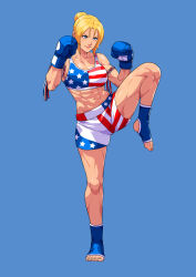 1girl abs absurdres american_flag american_flag_bra american_flag_print american_flag_shorts armband blonde_hair blue_background blue_eyes boxer boxers boxing_gloves bra breasts cirenk collarbone commission elizabeth_(rairyu) feet fighting_stance flag_print hair_bun highres large_breasts leg_up looking_to_the_side male_underwear midriff muscular muscular_female navel original ponytail shiny_skin shorts simple_background smile solo sports_bra standing standing_on_one_leg thighs toeless_legwear toes underwear