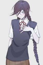 Rule 34 | 1girl, alternate costume, black sweater, braid, brown skirt, collared shirt, danganronpa: trigger happy havoc, danganronpa (series), fukawa toko, glasses, grey background, grey eyes, highres, ling yun (amadare0803), long hair, mole, mole under mouth, neck ribbon, red ribbon, ribbon, round eyewear, shirt, short sleeves, simple background, skirt, solo, sweater, teeth, twin braids, twintails, white background, white shirt