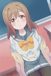 1girl black_pantyhose blush breasts brown_eyes brown_hair brown_jacket commentary_request cream_(nipakupa) grey_sailor_collar grey_skirt indoors jacket kunikida_hanamaru large_breasts long_hair long_sleeves looking_at_viewer love_live! love_live!_sunshine!! neck_ribbon open_mouth pantyhose ribbon sailor_collar school_uniform sitting skirt solo sweatdrop sweater uranohoshi_school_uniform yellow_ribbon yellow_sweater