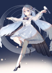 1girl absurdres bird bird_on_hand blue_eyes blue_hair breasts dress female_focus freeze_(867139) full_body hair_ornament hair_wings hatsune_miku highres kneehighs long_hair long_sleeves looking_at_viewer pale_skin see-through_clothes snowflakes socks solo twintails very_long_hair vocaloid yuki_miku yuki_miku_(2018)_(applicant)