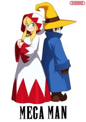 1boy 1girl absurdres back-to-back black_hair blonde_hair blue_robe brother_and_sister final_fantasy full_body green_eyes hat highres mega_man_(character) mega_man_(classic) mega_man_(series) nico-neko parted_lips robe roll_(mega_man) siblings simple_background smile watermark white_background white_robe wizard_hat