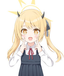1girl blonde_hair blue_archive blush dress fagai highres horns ibuki_(blue_archive) index_fingers_raised looking_at_viewer open_mouth pinafore_dress sleeveless sleeveless_dress solo yellow_eyes