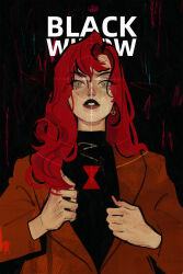 1girl artist_name avengers_(series) black_background black_bodysuit black_nails black_widow bodysuit brown_jacket character_name cyberpumpkinpie earrings fingernails gold_earrings green_eyes hair_between_eyes hands_up highres jacket jewelry lapels lips long_hair long_sleeves looking_at_viewer marvel nail_polish natasha_romanoff open_clothes open_jacket red_hair red_lips red_pupils simple_background solo superhero_costume target teeth upper_body wavy_hair