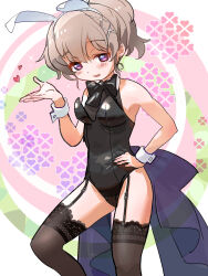 1girl :d animal_ear_hairband animal_ears bare_arms bare_shoulders black_bow black_bowtie black_garter_straps black_leotard black_thighhighs blush bow bowtie brown_hair character_request commentary_request copyright_request fake_animal_ears flat_chest garter_straps hair_between_eyes hair_ornament hairband hand_on_own_hip hand_up heart highres kyarahiba leotard looking_at_viewer nontraditional_playboy_bunny open_mouth oversized_breast_cup pink_eyes playboy_bunny rabbit_ears short_hair simple_background smile solo thighhighs white_hairband wrist_cuffs x_hair_ornament