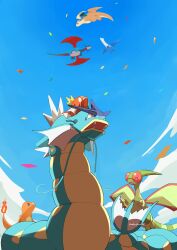 absurdres animal_focus blue_eyes blue_sky charmander claws closed_eyes cloud colored_skin commentary creatures_(company) dragon dragon_wings dragonite fangs fins fire floating flygon flying from_below fukafuka game_freak gen_1_pokemon gen_3_pokemon green_skin gyarados highres latios legendary_pokemon magikarp nintendo no_humans open_mouth orange_skin pokemon pokemon_(creature) red_eyes red_wings salamence sky smile symbol-only_commentary tail wings