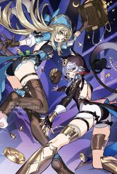 2girls animal_ears arm_up ass back_cutout backless_outfit bare_back black_gloves brown_thighhighs cat_ears cat_tail cipher_(honkai:_star_rail) clothing_cutout coin feet_out_of_frame fingerless_gloves genshin_impact gloves green_eyes grey_hair highres honkai:_star_rail honkai_(series) hood kirara_(genshin_impact) kirara_(phantom_in_boots)_(genshin_impact) long_hair long_sleeves mihoyo multiple_girls ojo_aa tail thigh_strap thighhighs thighs very_long_hair