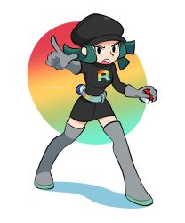 1girl belt black_hat black_shirt black_skirt boots full_body gloves great_ball green_hair grey_boots grey_gloves hat highres holding holding_poke_ball looking_at_viewer medium_hair miniskirt nintendo open_mouth pointing poke_ball poke_ball_(basic) pokemon pokemon_usum print_shirt shirt simple_background skirt solo team_rainbow_rocket_grunt teeth thigh_boots upper_teeth_only vinny_(dingitydingus) white_background