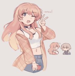 1girl bang_dream! bang_dream!_it&#039;s_mygo!!!!! black_shirt breasts cellphone chihaya_anon fang grey_eyes grey_hair holding holding_phone iahtruong jacket long_hair medium_breasts navel phone pink_hair pink_jacket shirt short_hair simple_background skin_fang smartphone solo takamatsu_tomori tank_top v white_background white_tank_top