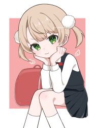 Rule 34 | 1girl, black skirt, closed mouth, feet out of frame, green eyes, hair ornament, head rest, highres, indie virtual youtuber, long sleeves, looking at viewer, miniskirt, norimi (01norimi28), pleated skirt, shigure ui (vtuber), shirt, short hair, sitting, skirt, socks, solo, twintails, white shirt, white socks