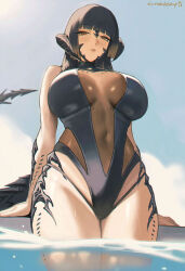 Rule 34 | 1girl, au ra, black one-piece swimsuit, breasts, brown eyes, closed mouth, covered navel, dragon horns, dragon tail, eyebrows hidden by hair, final fantasy, final fantasy xiv, from below, highres, horns, large breasts, light blush, lipstick, looking at viewer, makeup, medium hair, one-piece swimsuit, partially submerged, pool, scales, solo, swimsuit, tail, tomatoketchup96, underboob, warrior of light (ff14)