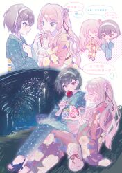 2girls absurdres aerial_fireworks asa_no_ha_(pattern) bang_dream! bang_dream!_it&#039;s_mygo!!!!! blue_kimono blush brown_eyes candy_apple chibi chihaya_anon chinese_text closed_eyes commentary fang fireworks fish floral_print flower food goldfish grey_eyes grey_hair hair_flower hair_ornament hairband highres holding holding_candy_apple holding_food holding_hands index_finger_raised japanese_clothes kimono multiple_girls obi open_mouth pink_flower print_kimono sash short_hair simoco symbol-only_commentary takamatsu_tomori translation_request twitter_username white_hairband yukata