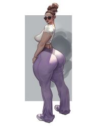 1girl ass ass_focus breasts brown_hair crop_top highres huge_ass large_breasts looking_at_viewer original pants purple_pants shirt short_sleeves solo sunglasses thatmfdiego updo white_shirt