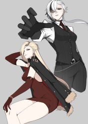 2girls alternate_costume arlecchino_(genshin_impact) arm_behind_head belt black_belt black_gloves black_hair blonde_hair blue_eyes breasts cropped_legs crossed_legs dress elbow_gloves eyepatch genshin_impact gloves grey_background hair_over_one_eye highres jacket jacket_on_shoulders jewelry long_hair looking_at_viewer medium_breasts multicolored_hair multiple_girls necktie outstretched_arm pants pnatsu ponytail red_dress red_gloves red_necktie shirt signora_(genshin_impact) striped_clothes striped_pants symbol-shaped_pupils vertical-striped_clothes vertical-striped_pants vest waistcoat white_hair white_shirt x-shaped_pupils