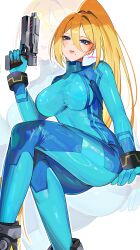 Rule 34 | 1girl, absurdres, blonde hair, blue bodysuit, blue eyes, bodysuit, breasts, crossed legs, gun, handgun, high ponytail, highres, holding, holding gun, holding weapon, large breasts, long hair, looking at viewer, metroid, mole, mole under mouth, nintendo, parted lips, ponytail, samus aran, simple background, sitting, skin tight, solo, very long hair, weapon, yasaikakiage, zero suit, zoom layer