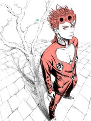 1boy braid cleavage_cutout clothing_cutout flower from_above full_body giorno_giovanna highres jojo_no_kimyou_na_bouken keiimajima02 ladybug_ornament male_focus partially_colored pectoral_cleavage pectorals realistic red_hair solo standing vento_aureo wing_ornament