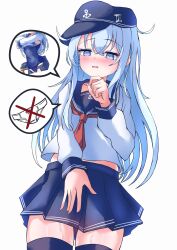 Rule 34 | 1girl, @ @, absurdres, anchor symbol, black thighhighs, blue eyes, blue hair, blue hat, blue sailor collar, blue skirt, blush, collarbone, cowboy shot, crossed bangs, embarrassed, flat cap, from below, hat, hat pin, hibiki (kancolle), highres, kantai collection, long hair, long sleeves, looking at viewer, midriff peek, miniskirt, neckerchief, open mouth, otama (otama ladle23), peanut mouth, pleated skirt, red neckerchief, sailor collar, shirt, sidelocks, skindentation, skirt, solo, speech bubble, spoken character, spoken panties, suggestive fluid, thighhighs, white background, white shirt