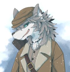 1boy animal_ear_fluff belt blue_eyes brown_hat brown_jacket buttons doneru fate/grand_order fate_(series) furry furry_male grey_fur hat jacket male_focus open_mouth patxi_(fate) sharp_teeth teeth wolf wolf_boy