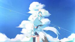 Rule 34 | absurdres, animal ears, arm up, black ribbon, black thighhighs, blue ribbon, blue sky, clenched hands, detached sleeves, fox ears, fox girl, fox tail, from behind, hair ribbon, highres, hololive, japanese clothes, kasawara, kimono, low ponytail, ponytail, ribbon, shirakami fubuki, single thighhigh, sky, tail, thigh strap, thighhighs, white hair, white kimono