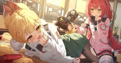 2girls absurdres alice_thymefield animal_ear_fluff animal_ears black_hat black_pantyhose blonde_hair blush bow braid breasts covering_own_mouth fang grabbing_another&#039;s_tail green_eyes green_skirt hair_bow hat highres jacket large_breasts looking_at_viewer low_twin_braids maeru multiple_girls open_mouth pantyhose pink_hair pink_jacket rabbit_ears rabbit_girl rabbit_tail short_hair skin_fang skirt small_breasts smile tail thigh_strap torn_clothes torn_pantyhose twin_braids ukinami_yuzuha unworn_hat unworn_headwear white_bow yellow_eyes zenless_zone_zero