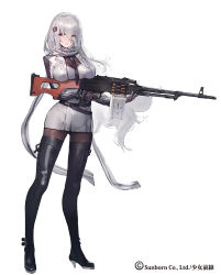 1girl ammunition ammunition_belt bear_hair_ornament belt between_breasts black_boots black_gloves black_pantyhose blazer blush bodystocking boots breast_hold breasts covered_erect_nipples dress eyebrows female_focus finger_on_trigger full_body girls&#039;_frontline gloves gun hair_between_eyes hair_ornament hair_over_one_eye head_tilt high_heel_boots high_heels holding holding_gun holding_weapon impossible_clothes jacket kishiyo large_breasts long_hair looking_at_viewer machine_gun magazine_(weapon) necktie necktie_between_breasts nose official_art pantyhose parted_lips pk_(girls&#039;_frontline) pk_machine_gun pkm pleated_dress red_eyes revision scarf short_dress solo standing strap thigh_boots thighhighs transparent_background very_long_hair weapon white_background white_dress white_hair white_scarf