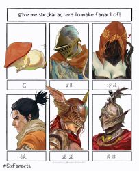 Rule 34 | 2boys, 2girls, 2others, ambiguous gender, anri of astora, armor, black hair, border, breasts, cape, cleavage, company connection, covered eyes, covered face, crossover, cybfaazx8lyvkca, dark souls (series), dark souls i, dark souls iii, desert sorceress, elbow gloves, elden ring, elden ring: shadow of the erdtree, english text, fire knight kood, fromsoftware, gloves, gold armor, grey scarf, heart, helmet, highres, knight, malenia blade of miquella, multiple boys, multiple crossover, multiple girls, multiple others, mushroom child, ninja, portrait, red cape, red hair, red hood, scarf, sekiro, sekiro: shadows die twice, spoken heart, strapless, template, topknot, translated, tube top, winged helmet