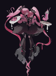 2girls absurdres bird black_background black_shoes black_skirt black_thighhighs bow flamingo food full_body hair_bow heart heart_hands heart_hands_duo highres holding holding_tray ice_cream ice_cream_float lankilanki long_hair long_sleeves multiple_girls original pink_eyes pink_hair pink_shirt platform_shoes ponytail shirt shoes simple_background skirt thighhighs tray very_long_hair