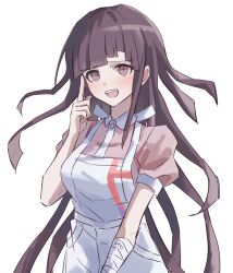 Rule 34 | 1girl, :d, apron, bandaged arm, bandages, black hair, blush, collared shirt, danganronpa (series), danganronpa 2: goodbye despair, hand up, highres, index finger raised, long hair, mole, mole under eye, open mouth, pink shirt, rishaku (user cuwx8758), shirt, simple background, smile, solo, teeth, tsumiki mikan, two-tone shirt, upper teeth only, white apron, white background, white shirt
