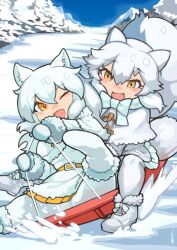 2girls animal_ears arctic_fox_(kemono_friends) arctic_wolf_(kemono_friends) blue_bow blue_bowtie blush boots bow bowtie capelet coat fox_ears fox_girl fox_tail kemono_friends long_hair long_sleeves mittens multiple_girls one_eye_closed orange_eyes pantyhose pleated_skirt rinx skirt snow tail toboggan white_capelet white_coat white_footwear white_hair white_mittens white_pantyhose white_skirt wolf_ears wolf_girl wolf_tail