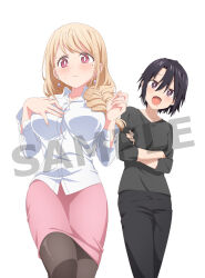 2girls :d anime_coloring black_pants black_shirt blush breasts closed_mouth collarbone collared_shirt cowboy_shot crossed_arms dress_shirt embarrassed hand_on_own_chest head_tilt kuro_(ninkoro) large_breasts lips long_sleeves looking_at_viewer mole mole_under_eye mole_under_mouth multiple_girls ninja_to_koroshiya_no_futarigurashi official_art open_mouth pants pantyhose pencil_skirt pink_eyes pink_skirt purple_eyes sample_watermark shiotsuki_kazuya shirt simple_background skirt smile standing tareme watermark white_shirt yuriko_(ninkoro)