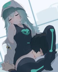 Rule 34 | 1boy, 1girl, absurdres, antonina (neural cloud), aqua hair, black hair, black tank top, black thighhighs, blush, breasts, censored, closed eyes, closed mouth, collarbone, cunnilingus, faceless, faceless male, full body, girls&#039; frontline, girls&#039; frontline neural cloud, hair between eyes, hat, headlock, hetero, highres, interlocked fingers, jacket, long hair, mosaic censoring, off shoulder, oral, professor (neural cloud), ryunosuke nikaido, short hair, skull, small breasts, tank top, thighhighs, tongue, tongue out, white hat, white jacket