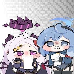 2girls ahoge ako_(blue_archive) beleullin black_gloves black_skirt black_thighhighs blue_archive blue_hair blue_jacket blush blush_stickers clenched_teeth coat coat_on_shoulders commentary_request deformed demon_horns demon_wings glaring gloves gradient_background growling halo highres hina_(blue_archive) holding holding_paper horns jacket korean_commentary multiple_girls paper partial_commentary pink_hair purple_jacket simple_background skirt teeth thighhighs v-shaped_eyebrows waving_hands wings
