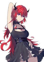 Rule 34 | 1girl, arknights, arm behind head, arm up, armpits, bare shoulders, black dress, black horns, breasts, chest strap, cleavage, collarbone, commentary, cowboy shot, demon girl, demon horns, dress, expressionless, hair between eyes, horns, long hair, purple eyes, red hair, simple background, solo, surtr (arknights), vasant (mskyreach), white background