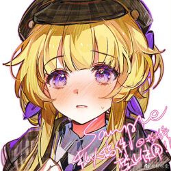 1girl black_hat black_jacket blonde_hair blush bow newsboy_cap collared_shirt dot_nose eyelashes hair_bow hat jacket kamu_(poulro) long_hair necktie nervous original outline plaid_clothes plaid_hat plaid_jacket purple_bow purple_eyes purple_necktie purple_outline sample_watermark shirt sidelocks simple_background solo sparkling_eyes sweat upper_body watermark weibo_watermark white_background white_shirt