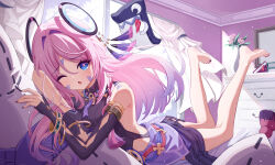 1girl ;o absurdres aichinaigai barefoot black_leotard blue_eyes breasts citlali_(genshin_impact) commentary_request facial_mark feet floating_headgear flower genshin_impact headgear highres indoors leotard long_hair long_legs looking_at_viewer lying medium_breasts nail_polish on_bed on_stomach one_eye_closed pink_hair pink_pupils purple_sarong ring_hair_ornament sarong solo the_pose toenail_polish toenails toes triangle triangle_facial_mark